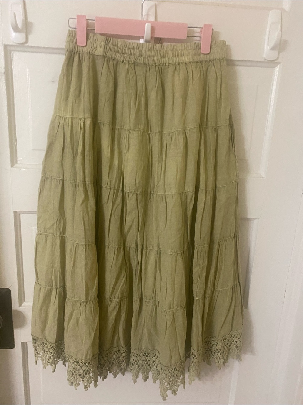 NWT Young Threads Sage Green Tiered Midi Skirt Lace Trim Cotton Large - Picture 3 of 8